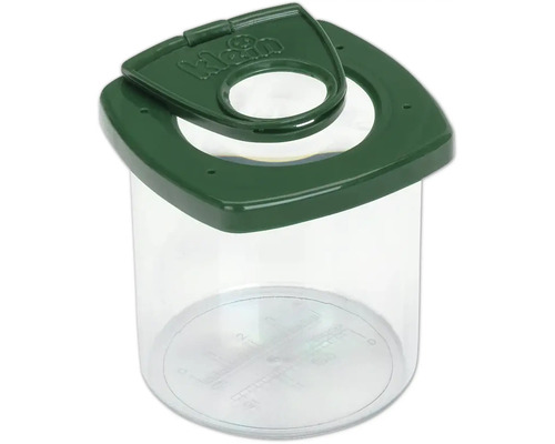 Lupă pentru insecte Klein cu capac verde, a doua lentilă de mărire și scală de măsurare pe fund.