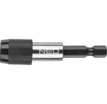 Suport magnetic pentru biți de la NEO Tools cu tijă hexagonală și manșon zimțat în argintiu și negru.