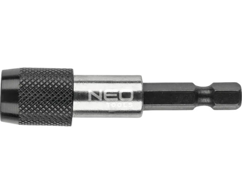 Suport magnetic pentru biți de la NEO Tools cu tijă hexagonală și manșon zimțat în argintiu și negru.