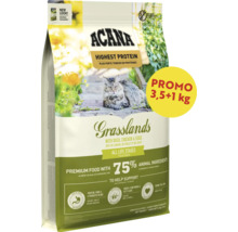 Hrană premium pentru pisici ACANA Grasslands, 4,5 kilograme cu 75 la sută ingrediente de origine animală din rață, pui și ouă.