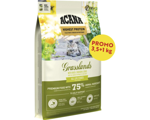 Hrană premium pentru pisici ACANA Grasslands, 4,5 kilograme cu 75 la sută ingrediente de origine animală din rață, pui și ouă.