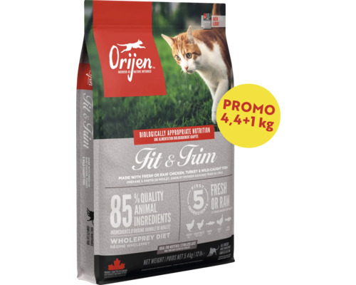 Hrană pentru pisici adulte Orijen Fit și Trim, pachet de 5,4 kilograme cu pui proaspăt, curcan și pește.