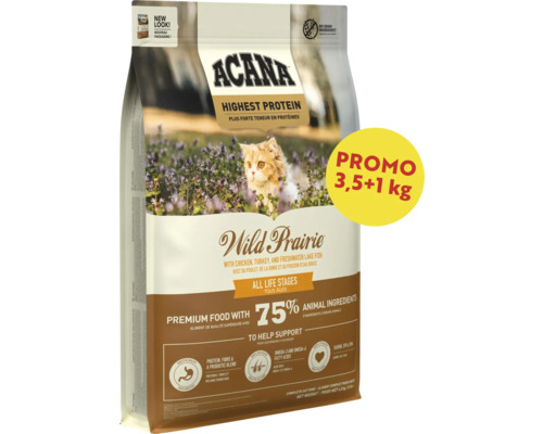 Hrană pentru pisici Acana Wild Prairie, pachet de 4,5 kg cu pui, curcan și pește, fără cereale, pentru toate etapele de viață.