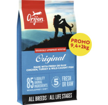 Orijen Logo. Hrană pentru câini Orijen Original, pui, curcan și pește, pentru toate rasele și etapele de viață, pachet promo 9,4 plus 2 kilograme.