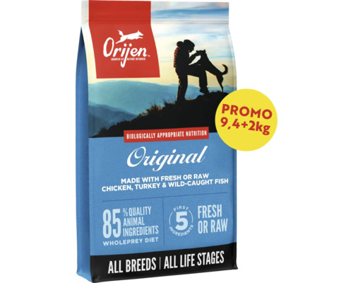 Orijen Logo. Hrană pentru câini Orijen Original, pui, curcan și pește, pentru toate rasele și etapele de viață, pachet promo 9,4 plus 2 kilograme.