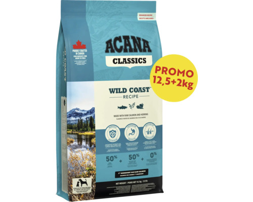 Hrană pentru câini Acana Classics Wild Coast, 14,5 kilograme, cu somon și hering crud, pentru toate rasele și toate etapele de viață.