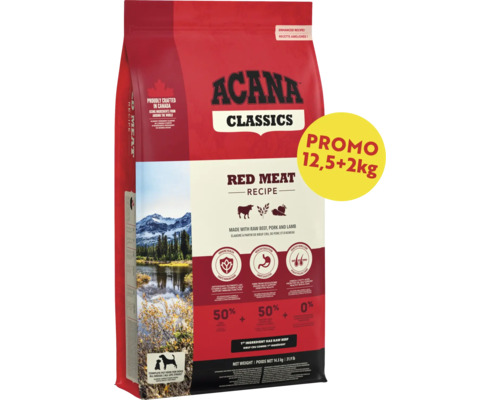 Hrană pentru câini ACANA Classics Red Meat, din carne crudă de vită, porc și miel, pentru toate rasele și etapele de viață, 14,5 kilograme.