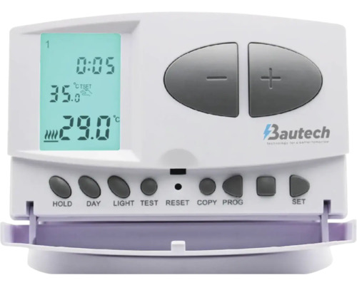 Termostat de cameră digital Bautech cu afișaj digital, butoane plus și minus și butoane pentru programarea reglajului temperaturii.