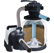 Secțiune transversală prin sistemul de filtrare cu nisip pentru piscine cu pompă, rezervor de filtrare cu nisip și valvă multiport.