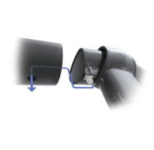 Conexiune din plastic prin mufare cu buton de blocare cu arc și săgeată albastră pentru instrucțiuni de montare.