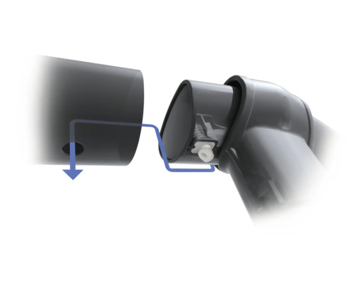 Conexiune din plastic prin mufare cu buton de blocare cu arc și săgeată albastră pentru instrucțiuni de montare.