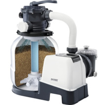 Sistem de filtrare cu nisip Intex pentru piscine cu pompă, secțiunea rezervorului prezintă nisipul și tubul interior, Intex Logo.