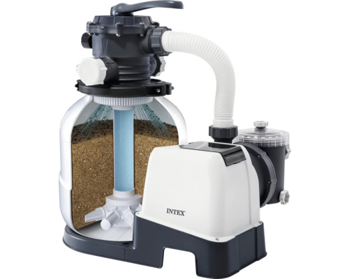 Sistem de filtrare cu nisip Intex pentru piscine cu pompă, secțiunea rezervorului prezintă nisipul și tubul interior, Intex Logo.