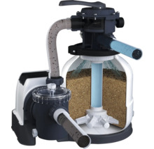 Sistem de filtrare cu nisip pentru piscine în secțiune transversală, cu pompă, rezervor de filtrare, nisip și fluxul de apă.