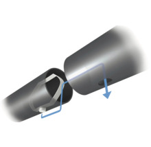 Îmbinare tubulară cu buton de blocare cu arc și săgeată care indică direcția de asamblare.