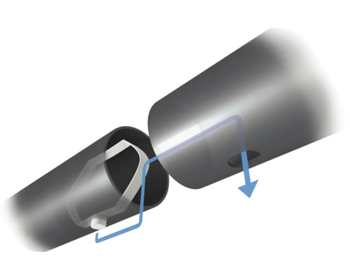 Îmbinare tubulară cu buton de blocare cu arc și săgeată care indică direcția de asamblare.