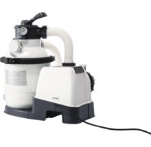Sistem de filtrare cu nisip Intex pentru piscine cu rezervor de filtrare, pompă, manometru și valvă cu 6 căi în alb și gri.