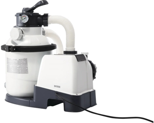 Sistem de filtrare cu nisip Intex pentru piscine cu rezervor de filtrare, pompă, manometru și valvă cu 6 căi în alb și gri.