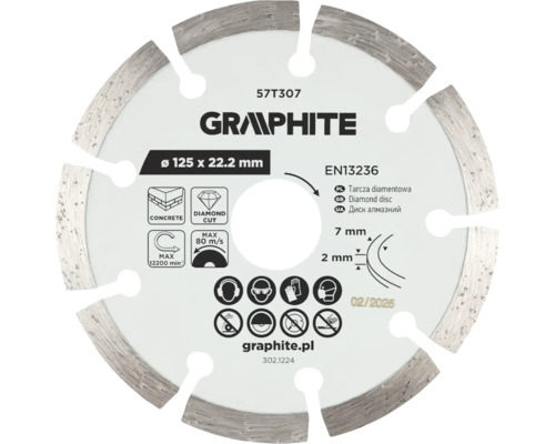 Disc diamantat Graphite pentru beton, diametru 125 milimetri, alezaj 22,2 milimetri, segmentat, înălțime segment 7 milimetri.