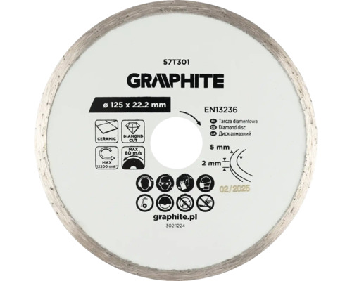Disc diamantat GRAPHITE pentru ceramică, diametru 125 milimetri, alezaj 22,2 milimetri, EN13236.