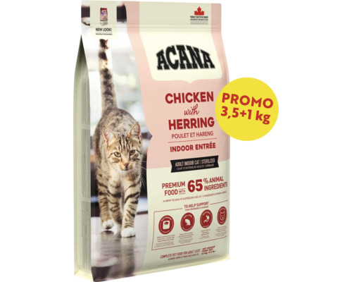 ACANA Indoor Entrée hrană pisici pui și hering pentru pisici sterilizate de interior, 4,5 kilograme, promoție 3,5 plus 1 kilogram