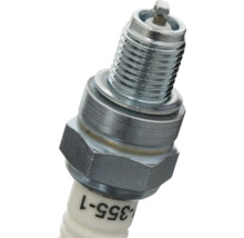 Bujie metalică cu izolator ceramic alb, filet și piuliță hexagonală.