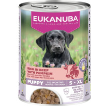 Eukanuba Puppy hrană umedă bogată în vită cu dovleac și ulei de somon, conservă pentru câini de la 1 la 12 luni, mărimi S până la XL.