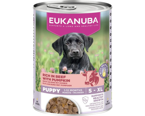 Eukanuba Puppy hrană umedă bogată în vită cu dovleac și ulei de somon, conservă pentru câini de la 1 la 12 luni, mărimi S până la XL.
