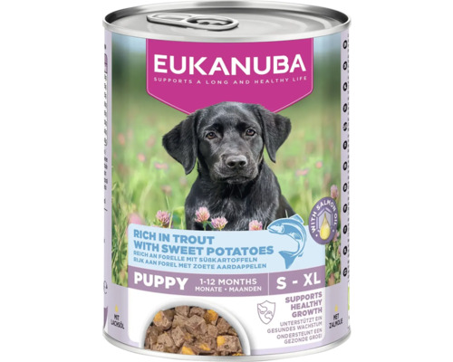 Hrană umedă Eukanuba pentru căței de la unu la douăsprezece luni, mărimi S până la XL, păstrăv cu cartofi dulci și ulei de somon pentru creștere.