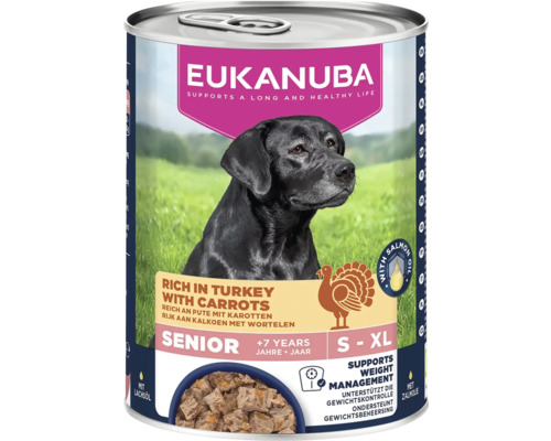 Eukanuba Senior hrană umedă pentru câini, bogată în curcan cu morcovi, peste 7 ani, mărimi S până la XL, susține controlul greutății.