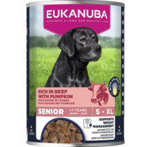 Eukanuba Senior hrană umedă pentru câini peste șapte ani, bogată în vită cu dovleac, susține controlul greutății, pentru mărimile S până la XL.