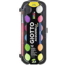 Set de acuarele Giotto Acquerelli Fluo cu 12 pastile de culori fluorescente cu diametrul de 30 mm și o pensulă.