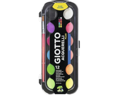 Set de acuarele Giotto Acquerelli Fluo cu 12 pastile de culori fluorescente cu diametrul de 30 mm și o pensulă.