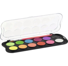 Trusă de pictură cu 12 culori și o pensulă în carcasă de plastic cu capac transparent.
