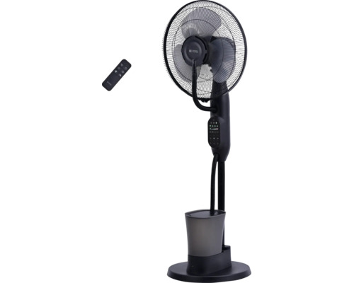 Ventilator cu picior BE COOL negru cu funcție de pulverizare, rezervor de apă și telecomandă.