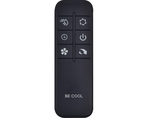 Telecomandă pentru aparate de aer condiționat BE COOL cu butoane pentru alimentare, temporizator, ventilator și moduri. BE COOL Logo.
