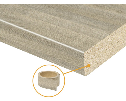 Blat de lucru de bucătărie cu miez din PAL și decor de lemn, inclusiv cant asortat.