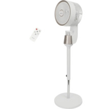 Ventilator cu picior BE COOL alb cu telecomandă, reglabil pe înălțime, bază rotundă.