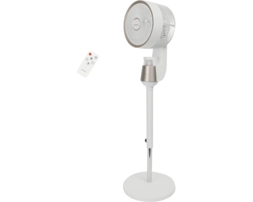 Ventilator cu picior BE COOL alb cu telecomandă, reglabil pe înălțime, bază rotundă.