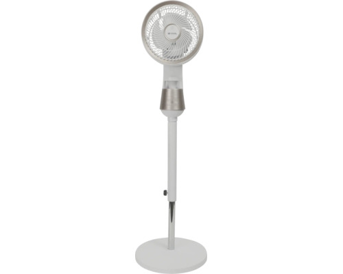 Ventilator cu picior BE COOL cu bază rotundă, tijă telescopică reglabilă pe înălțime și panou de comandă pe carcasă.