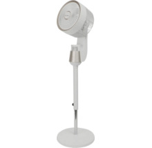 Ventilator cu picior Be Cool alb cu elemente argintii, bază rotundă și cap reglabil cu grilaj în spirală.