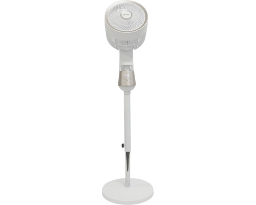 Ventilator cu picior BE COOL alb cu bază rotundă și afișaj digital.