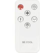 Telecomandă albă pentru ventilator sau aparat de aer condiționat cu butoane pentru pornire, temporizator, ventilator, oscilație și lumină. Logo BE COOL.