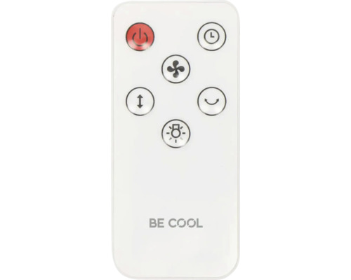 Telecomandă albă pentru ventilator sau aparat de aer condiționat cu butoane pentru pornire, temporizator, ventilator, oscilație și lumină. Logo BE COOL.