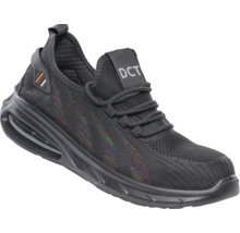 Pantof de protecție negru tip sneaker cu material exterior textil, șireturi, DCT Logo și talpă cu amortizare.
