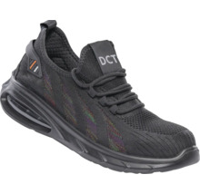 Pantof de siguranță negru cu design de sneaker din textil respirabil cu logo DCT și talpă cu pernă de aer.