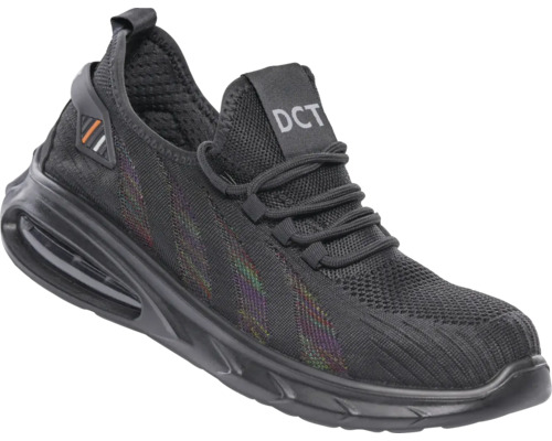 Pantof de siguranță negru cu design de sneaker din textil respirabil cu logo DCT și talpă cu pernă de aer.