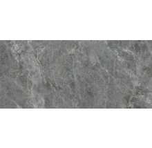 Gresie porțelanată cu aspect de piatră naturală gri închis cu nervuri deschise și suprafață structurată.