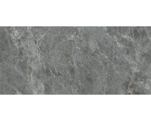 Gresie porțelanată cu aspect de piatră naturală gri închis cu nervuri deschise și suprafață structurată.