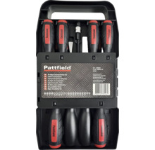 Set de 36 șurubelnițe Pattfield în cutie neagră din plastic cu mânere ergonomice.
